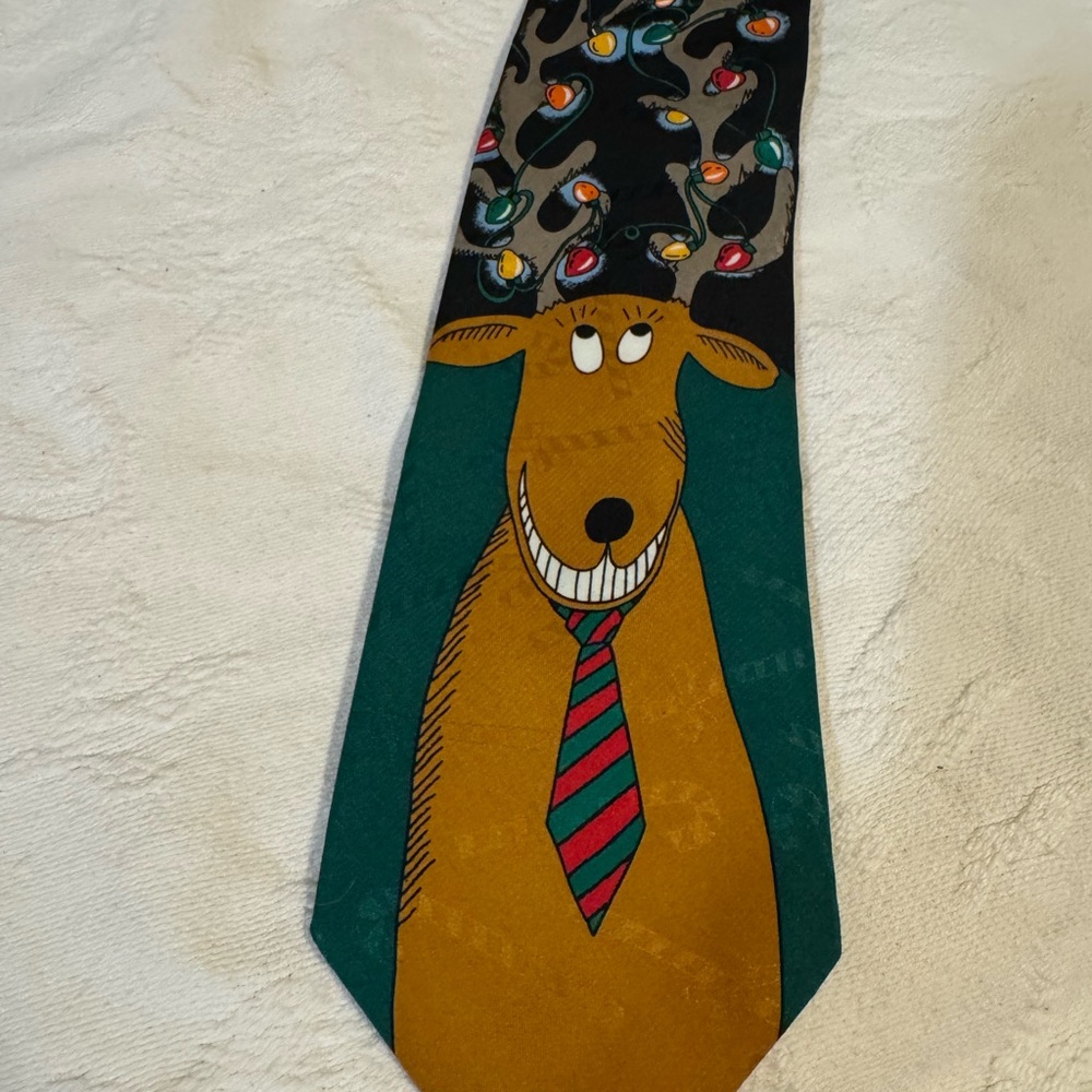 Hallmark Yule Tie Reindeer‎ with Green and Black Design Made in Korea polyester